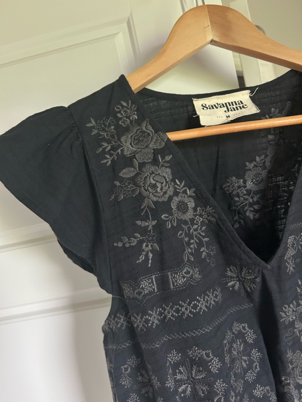 Savanna Jane Cotton Embroidered Peplum Blouse Black Gray Drawstring V Neck - Picture 4 of 10